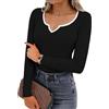 Aseniza Maglia Donna Manica Lunga Maglietta T-Shirt Cotone Top Slim Fit Elegant con Scollo a V Costine Elasticizzato Tinta Unita Casual Nero S