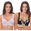 Curve Muse Reggiseno in Pizzo con Ferretto Sfoderato Taglie Forti con Spallacci Imbottiti-Confezione da 2-Black,Pink Print-9C