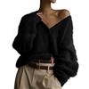 COZYPOIN Cardigan da donna in mohair sfocato aperto sul davanti con bottoni a V a maniche lunghe maglione a spalla larga cappotto in maglia, nero, XL