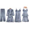 QraraZL Donna 5 Pezzi Set Pigiama in Raso, Set Pigiama Vestaglia in Pizzo, Pantaloncini Sexy Negligee e Pantaloni Lunghi Camicia da Notte 5 Pezzi, con Imbottiture sul Petto Grigio Argento XXL