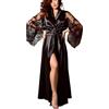 Yancremio Vestaglia Sexy da Donna Allentata E Casual in Finta Seta Oversize Elegante Manica Chic in Pizzo Che Si Sovrappone alla Vestaglia da Casa Leggera E Squisita (Nero,M)