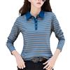 REHJJDFD Polo da donna a maniche lunghe in cotone a righe elasticizzato slim maglia cintura camicia top, Blu, XL