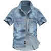 Generisch Camicia in jeans da uomo a maniche corte, estiva, in denim, classica, con bottoni automatici, colore blu chiaro, vestibilità normale, con bottoni, look usato, slim fit, per il tempo libero