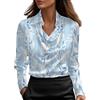 Generic Camicette in raso da donna eleganti con scollo a V e colletto a maniche lunghe con stampa floreale vintage, Azzurro, S