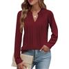 Cuptacc Camicia Donna Maniche Lunga Henley Maglietta Donna Elegante con Plissettata Camicette Tunica Vino Rosso, Medium M 38-40