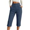 Generico Pantaloni Estivi Donna Lunghezza Ginocchio Modello Ampio da Spiaggia con Bottoni, Leggeri e Traspiranti con Elastico in Vita, Pantaloni Casual a Tre Quarti Comodi per Libero (Navy, L)