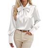 Duohropke Camicia da donna elegante in raso, con fiocco, a maniche lunghe, per lavoro, casual, casual, in seta, con volant, da ufficio, 01 bianco, XXL