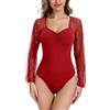 WOWENY Body da donna a maniche lunghe elegante e sexy, con pizzo, body da donna a maniche lunghe, body da donna, top, Colore: rosso, L