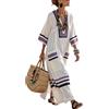 Mfhmom Abito Lungo Estivo Donna - Vestito Cotone Lino Maniche Corte Scollo a V Tasche Copricostumi Spiaggia Boho Chic Vintage Abbigliamento Curvy Taglie Forti Casual Primaverile Prendisole