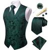 Hi-Tie - Gilet da uomo in seta, con motivo paisley, per cerimonie nuziali e affari, con cravatta, fazzoletto da taschino e tasca quadrata, Verde scuro, S