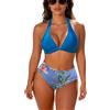 JFAN Costume da Bagno Donna a Vita Alta in Due Pezzi Stampa Floreale Bikini Halter Regolabile Costumi da Bagno,Fiori Blu,S