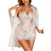 RSLOVE Lingerie da Donna Sexy - Set di Biancheria Intima in Pizzo con Motivo Floreale, 3 Pezzi con Reggiseno a T, Reggiseno, Perizoma, Camicia da Notte, Négligé, bianco, XXL