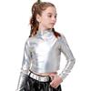 LOLANTA Top Corto Metallizzato da Bambina, Mezza Dolcevita, Maglia da Ballo Scintillante e Scintillante per Hip Hop, Disco, palco e Feste, Argento Laser, 8-9 Anni, 140