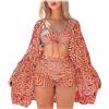 ThiCc Set bikini da donna, 3 pezzi, con stampa scozzese vintage, a maniche lunghe, kimono, copricostume corto, costume da bagno hawaiano, abbigliamento da spiaggia, taglie forti S-4XL, Arancione, L