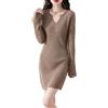 Ailaile 100% lana merino maglione abito donna tromba manica sottile stretto lavorato a maglia scollo a V pullover autunno inverno metà lungo top, Cammello, S