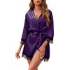 ESKTJH Accappatoio da donna in seta, corto, in pizzo, con maniche a 3/4, in raso, kimono, Viola, Medium