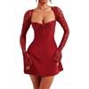 Alaurbeauty Mini abito da donna Y2K in pizzo a maniche lunghe, sexy, a taglio basso, con cravatta dietro, corto, vestiti con schiena scoperta, con volant, aderente, elegante abito da cocktail e party