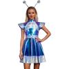 Generico Costume da Alieno in Metallo Vestito Mini di Donna Argento Abito da Ragazza Spaziale Abito Festa Tuta con Cerchietto Alieno Costume per Feste di Cosplay Carneval