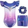 Gogokids Set da ginnastica da bambina, 3 pezzi, con maniche a sbuffo, con sfumature di colore, paillettes e design glitterato, il set include maglietta, pantaloncini e fascia per capelli, per 3-12