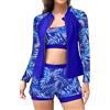 SHEKINI Costume da bagno da donna con cerniera a 3 pezzi Rash Guard con canotta bikini top per vita alta, Blu brillante + foglie, S