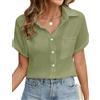 Niwicee Camicia Donna Estiva Camicetta da Donna Manica Corta Cotone Blusa Elegante con Scollo a V Maglietta Top con Bottoni Casual Tinta Unita Classico Camicie Maglia(Verde,M)