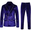 Generic Abito completo da uomo abiti in velluto sottile doppio petto tinta unita abito da sera Groomsmen vestito rosso scuro gilet, Blu, L