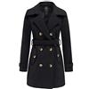 Wantdo Cappotto Doppiopetto Misto Lana Parka Classica Media Lunghezza Giubbotto Antivento Invernale Caldo Giacca Slim Fit con Cintura Vintage Donna Nero-N 44