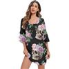 RPLIFE Divertente teschi fiori viola nero corto chiffon abito stampato allentato vestito estivo donna