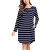 Lovasy Camicia da Notte Donna in Cotone Invernale Scollo Rotondo con Maniche Lunghe Vestito Pigiama Lungo Bottoni Davanti Morbida e Confortevole Sottoveste con Tasche B Blu Navy S