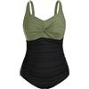 Hanna Nikole Costume da bagno intero da donna, taglie forti, controllo della pancia, costume da bagno con scollo a V, monokini increspato, Verde oliva e nero, 6 IT più