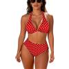 JFAN Costume da Bagno Donna a Vita Alta in Due Pezzi Stampa Floreale Bikini Halter Regolabile Costumi da Bagno,Punto Rosso,L