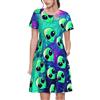 GXUNGT Abito da donna a maniche corte chic con stampa aliena verde, con tasche, perfetto per feste e abbigliamento da ufficio