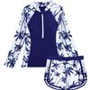 SEAUR Rashguard - Costume da bagno da bambina, 1/2 zip, 2 pezzi, protezione solare, costume da bagno per bambini, a maniche lunghe, 130-160, Palma da cocco blu, 140