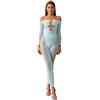 Walang Donna Sexy Glitter Rave Outfits rete da pesca a maniche lunghe stretto pezzo intero con perle artificiali luminose, taglia unica, Azzurro, XS-XXL