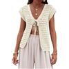 Saodimallsu Cardigan estivo da donna, scollo a V, sexy, boho, a maniche corte, con apertura frontale, crochet leggero, per spiaggia, bikini, cardigan corto, beige, S