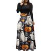 VPQILH Vestito Halloween Donna con Zucca Fantasma Stampa Abito Halloween Girocollo Vestiti Patchwork Vestito Medievale Abbigliamento Maniche Lunghe Rockabilly Midi Abito Party Abiti da Cocktail Sera