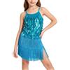 LOLANTA Paillette Frange Danza Costume Bambina, Abiti Ballo Latino Salsa Rumba Bambini, Mini Abito Completo Ballo Senza Maniche con Nappe e Pantaloncini, Blu Lago, 11-12 Anni, 160