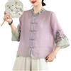 LCDIUDIU Camicia da Donna Vintage con Ricamo Floreale Casual in Lino E Cotone A Maniche 3/4, Rosa Collo alla Coreana con Bottoni Camicetta Leggera Trasparente Tradizionale Etnico Qipao Top Hanfu VIO