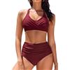 heekpek Costume Donna Due Pezzi Vita Alta Bikini Mare Costumi da Bagno Donna Curvy Push Up Imbottito Scollo a V Crociato Davanti Swimsuit, Borgogna, S