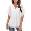 Vafoly Camicia da donna, elegante, a maniche corte, estiva, con scollo a V, in rete, con fiori, a doppio strato, bianco, XL