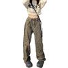 Yancremio Jeans leopardati da Donna Jeans Larghi alla Moda Stile Gotico Dritti leopardati Jeans a Vita Alta Y2K Hip Hop Rock Festival Casual Punk