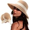 DRESHOW Cappelli da Sole per Donna Fedora da Viaggio Pieghevole da Spiaggia Cappello da Sole Sstivo a Tesa Larga in Paglia con Fiocco UPF 50+