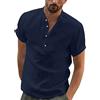 YAOBAOLE Camicia Lino Uomo Manica Corta Collo Mao Camicia Estate Uomo Leggero in Cotone Lino Camicia Da Spiaggia Classica Casual Henley Shirt, Blu marino, 3XL