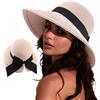 DRESHOW Cappelli da Sole per Donna Fedora da Viaggio Pieghevole da Spiaggia Cappello da Sole Sstivo a Tesa Larga in Paglia con Fiocco UPF 50+