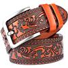 PACDE Cintura Western Retro in Vera Pelle di Mucca Jeans Fiore in Rilievo per Uomo, Cammello, 105cm