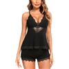 RSLOVE Set Pigiama Sexy da Donna Canotta e Pantaloncini Scollo a V in Pizzo Camicie da Notte in Modal Nero S