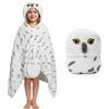 pewjury Coperta con maniche e cappuccio, coperta con gufo di neve e guanti, coperta in peluche con motivo animale, morbida, coperta in flanella regalo per donne, Bianco A., 80x130cm