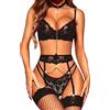 RSLOVE Completo Intimo Donna Sexy Set di Lingerie in Pizzo Reggiseno e Slip con Giarrettiera Nero S