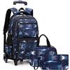 FEEIMOL Zaino Trolley 3 in 1 per Ragazzi Con Ruote, Borsa per il Pranzo e Sacchetto Portapenne (Galassia Blu Scuro)