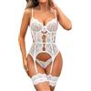 EVELIFE - Set di lingerie da donna sexy con reggicalze, body in pizzo, biancheria intima Teddy Babydolls con polsini sulle cosce, senza calze, taglie forti S-XXL, bianco, XL